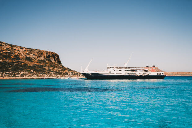 Large ferry disembarking passengers to Balos Beach