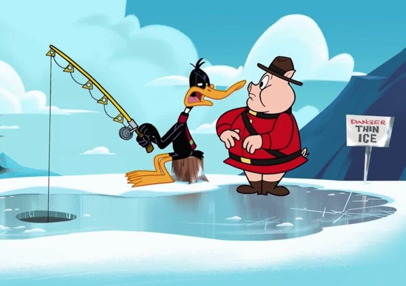 cartoon of duck ice fishing