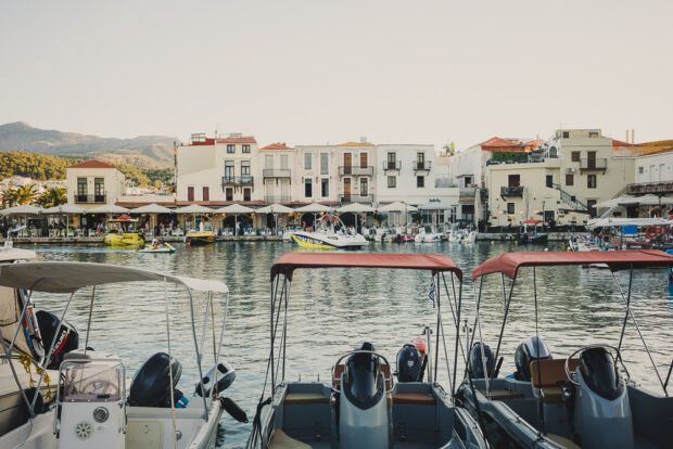 Rethymno Harbor with motorboats in the foreground