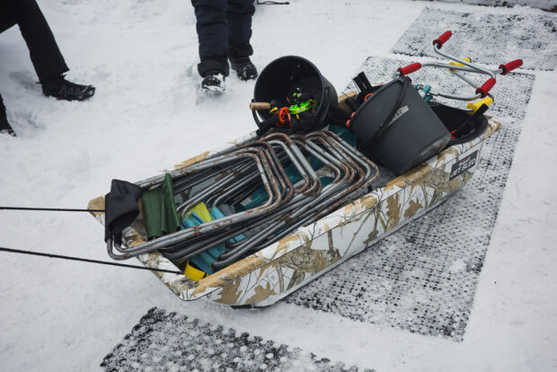 Ice fishing equipment sled at Lake Norva in Rovaniemi