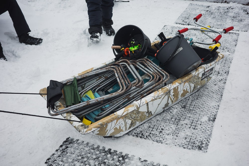 Ice fishing equipment sled at Lake Norva in Rovaniemi
