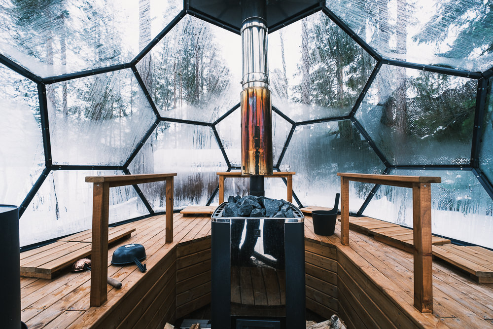 Inside glass sauna at Lake Norva in Rovaniemi