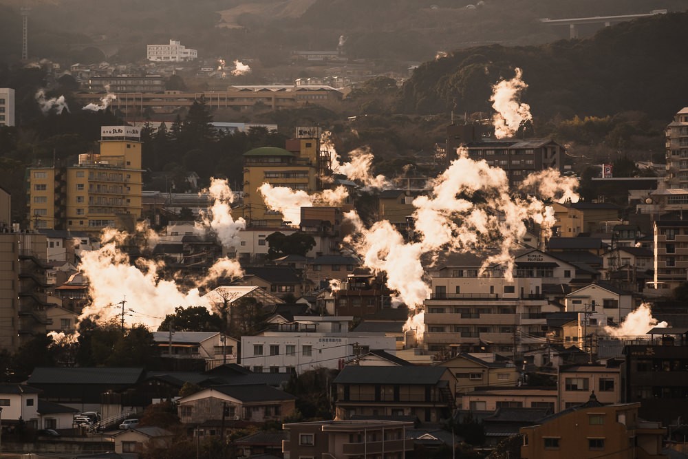 Steam rising from houses in Beppu skyline