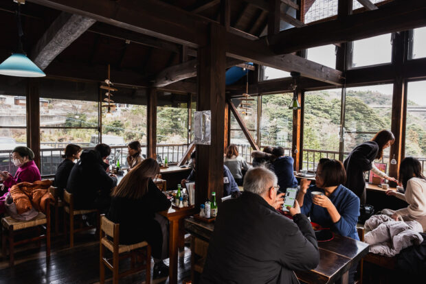 Wood dining room at Okamotoya restaurant in Beppu