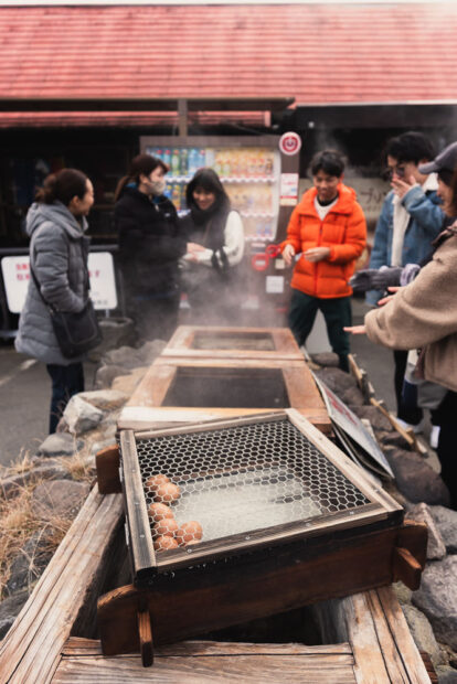 Onsen egg steaming with geothermal vents in Beppu