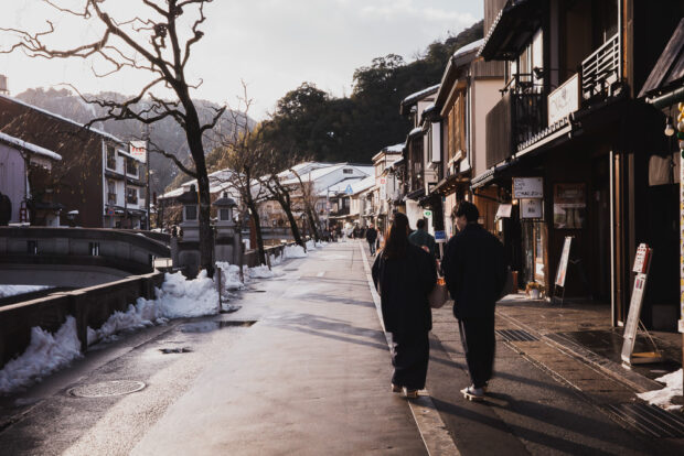 Guests walking around in yukata in Kinosaki Onsen