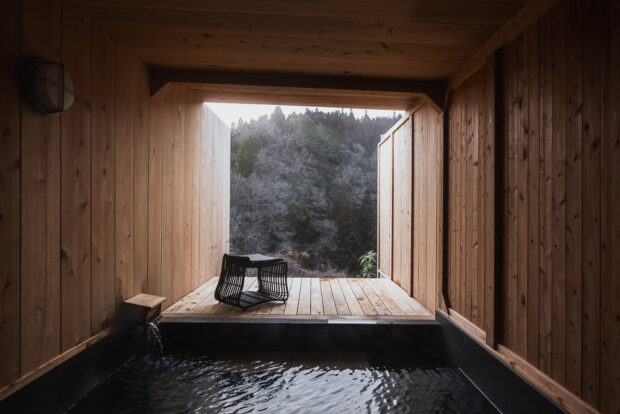 Private bath in a shipping container at Container House Villa in Kurokawa Onsen