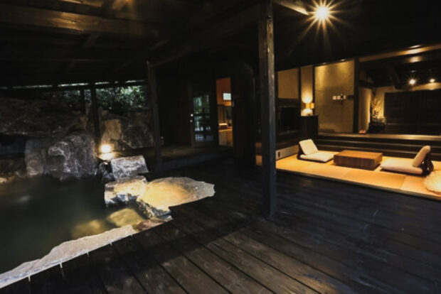 Private onsen in room at Gosho Gekkoyu Ryokan in Kurokawa Onsen