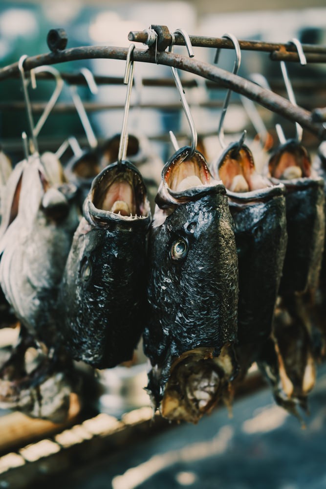 Hooked fish heads being grilled at Chefs on Fire Cascais
