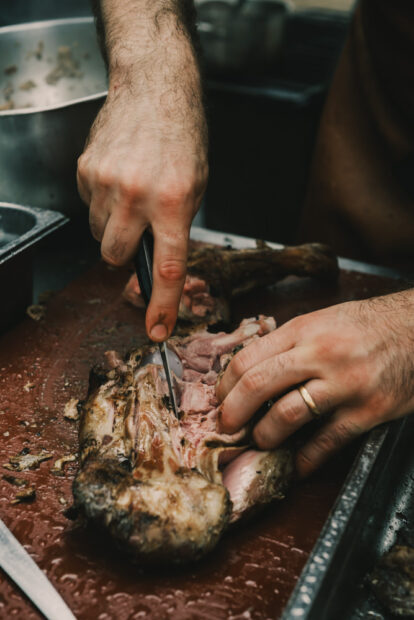 Hand cutting meat at Chefs on Fire Portugal