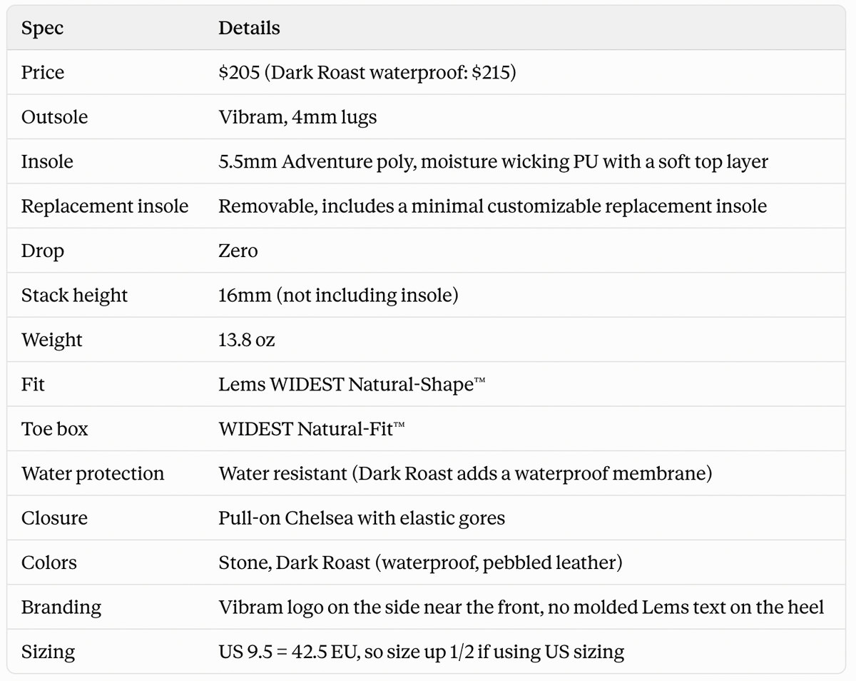 Lems Chelsea Boot Tuff Pro Specs Sheet