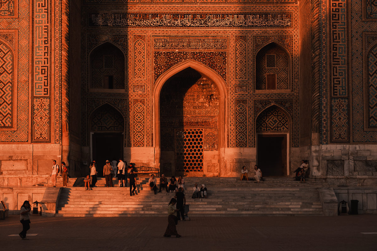 Registan Square lit up at sunset